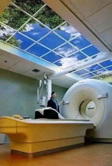 Modern scanning room with virtual sky ceiling for patient comfort